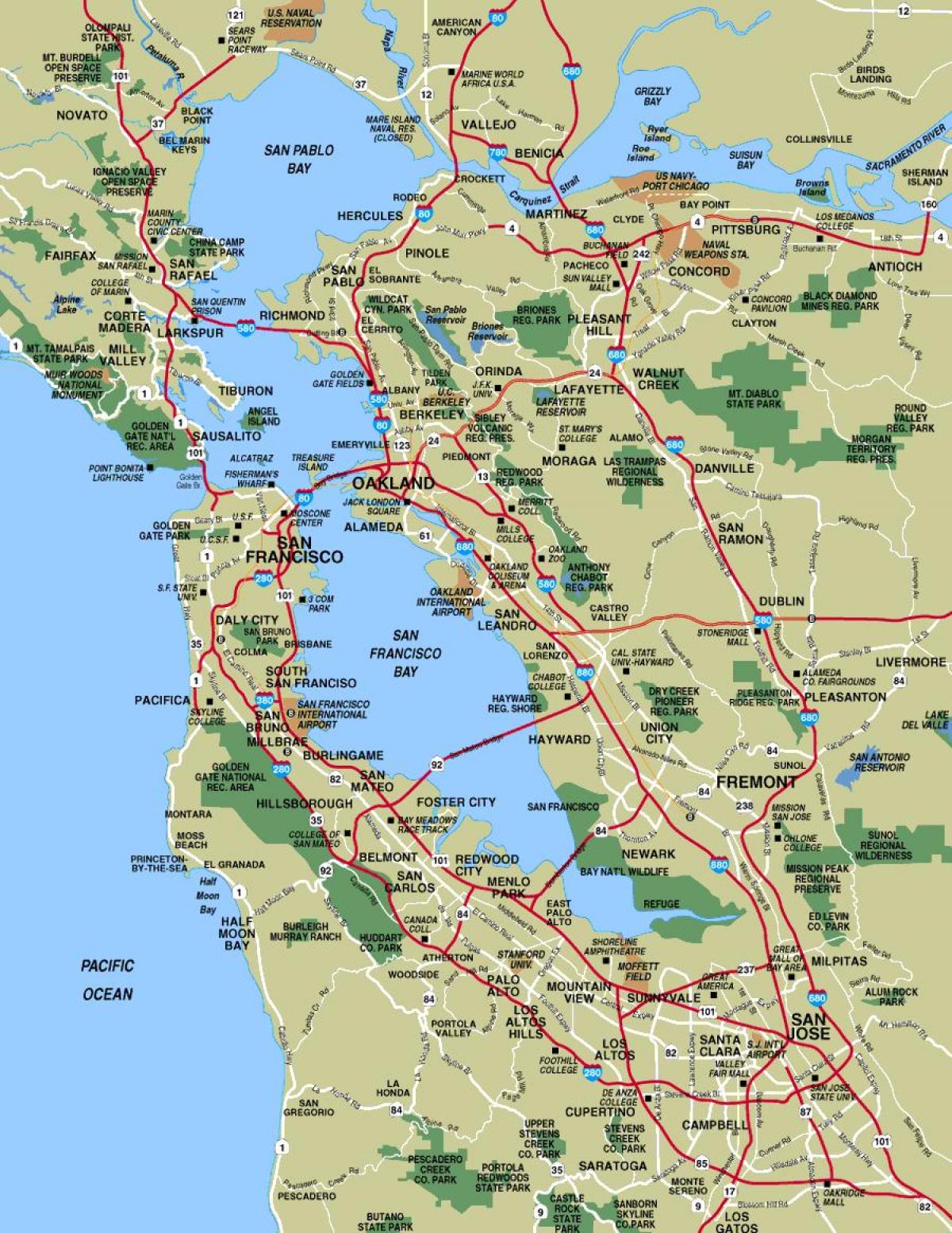 नक्शे के साथ सैन फ्रांसिस्को क्षेत्र के कस्बों