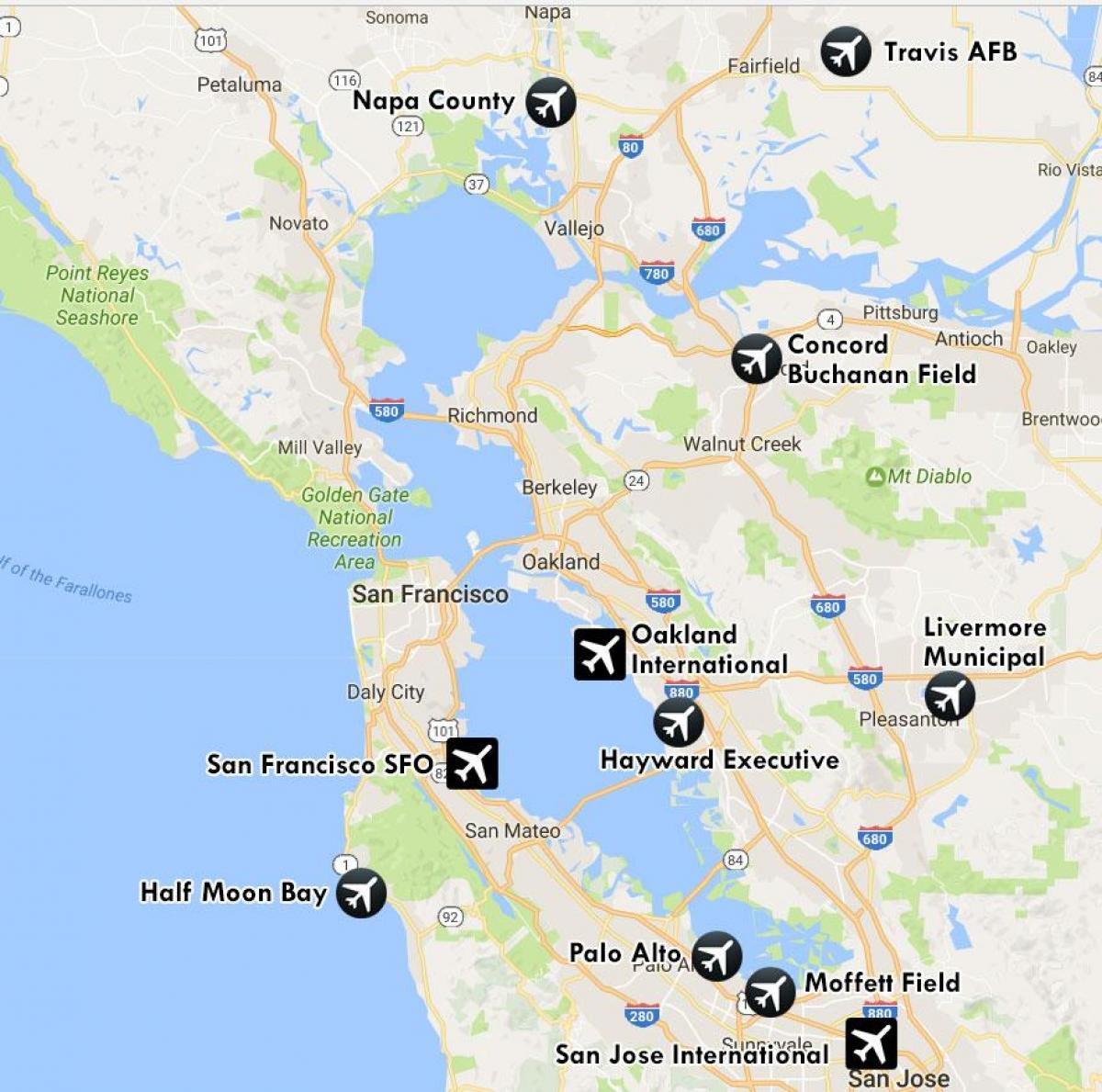 हवाई अड्डों के पास सैन फ्रांसिस्को नक्शा