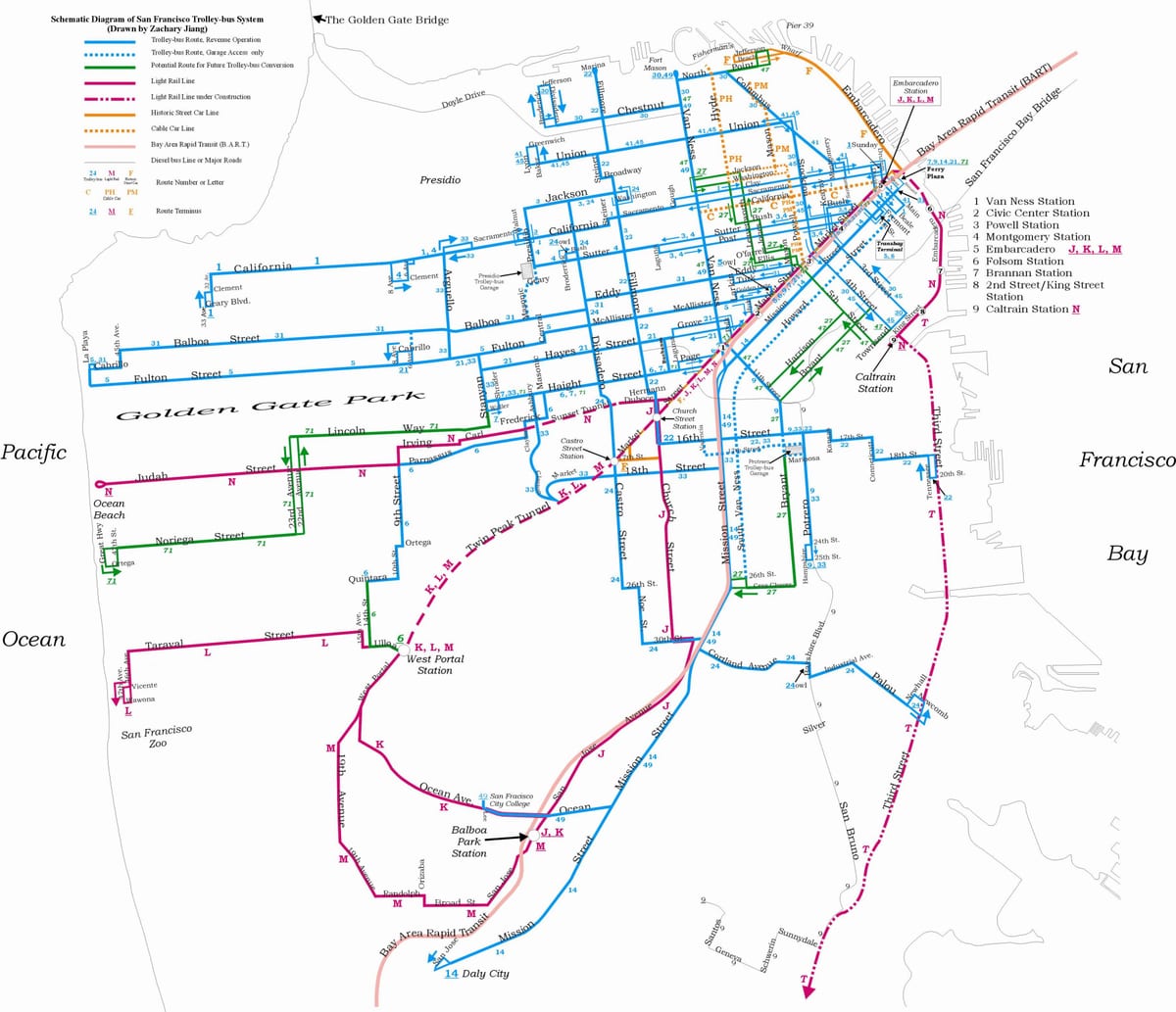 नक्शे के साथ सैन फ्रांसिस्को trolleybus