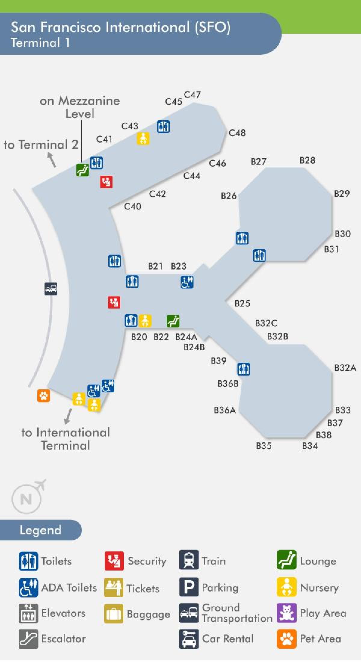 सैन फ्रांसिस्को हवाई अड्डे के टर्मिनल 1 नक्शा