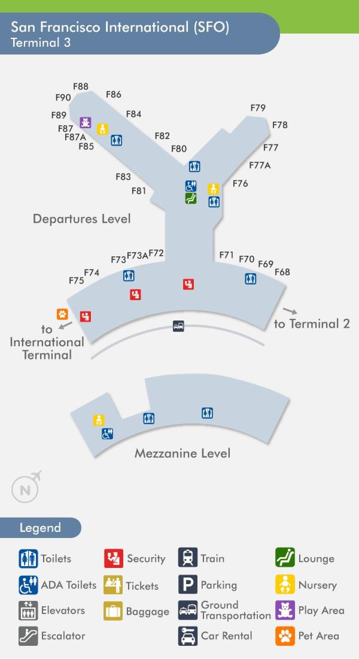 SFO हवाई अड्डे के नक्शे टर्मिनल 3