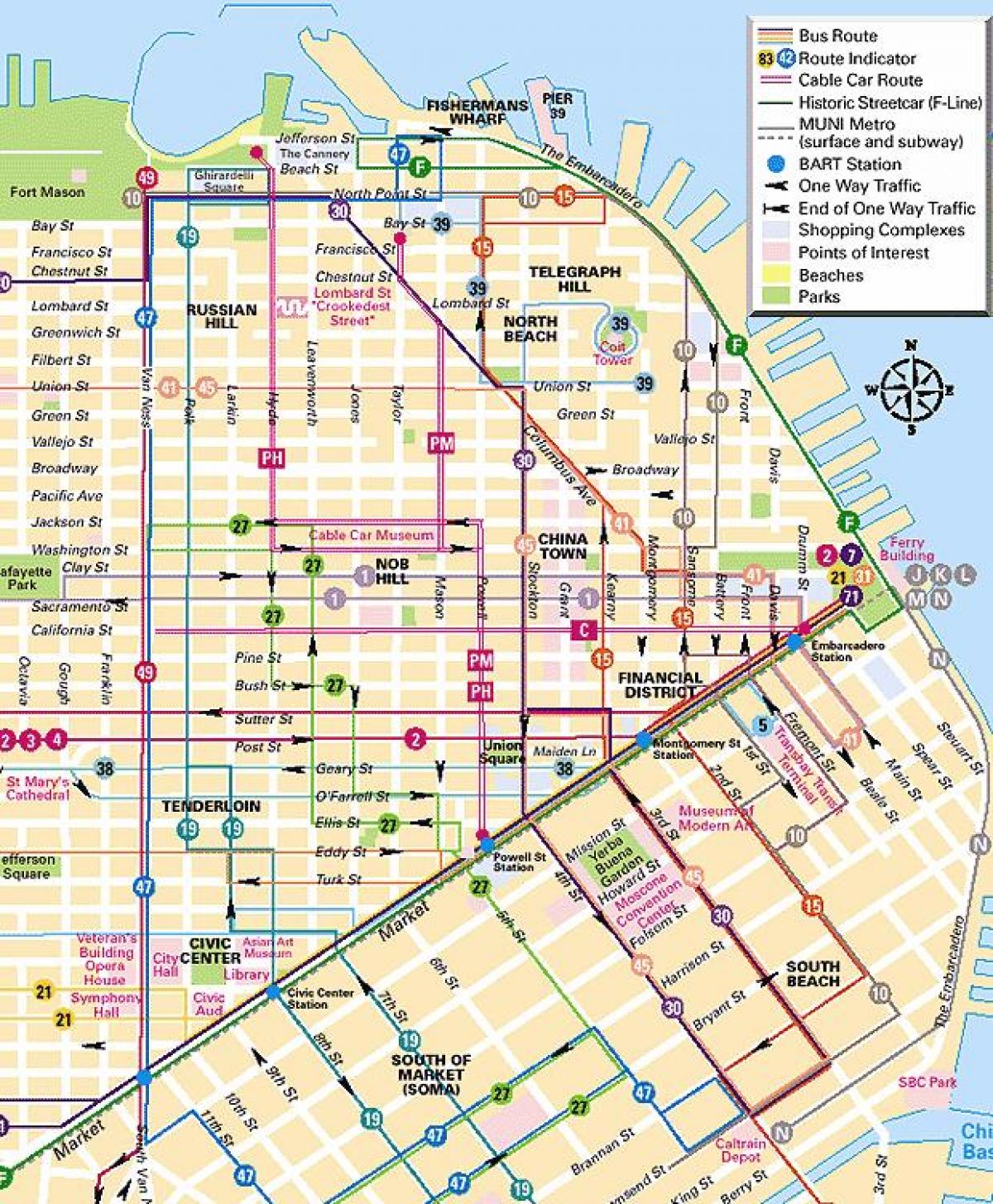 केबल कार लाइनों सैन फ्रांसिस्को नक्शा
