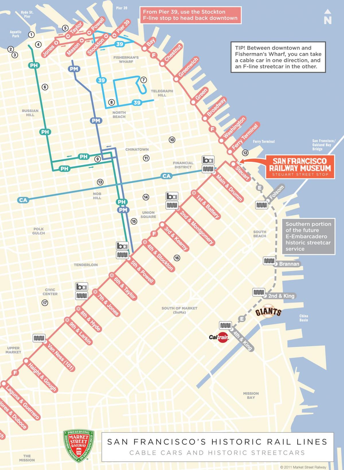 नक्शे की केबल कार मार्ग सैन फ्रांसिस्को सीए