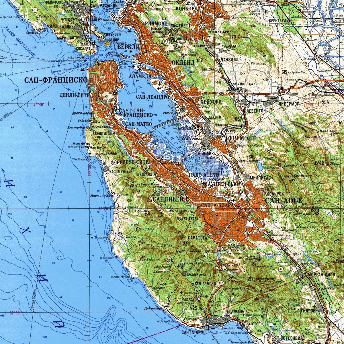सैन फ्रांसिस्को खाड़ी क्षेत्र का स्थलाकृतिक मानचित्र