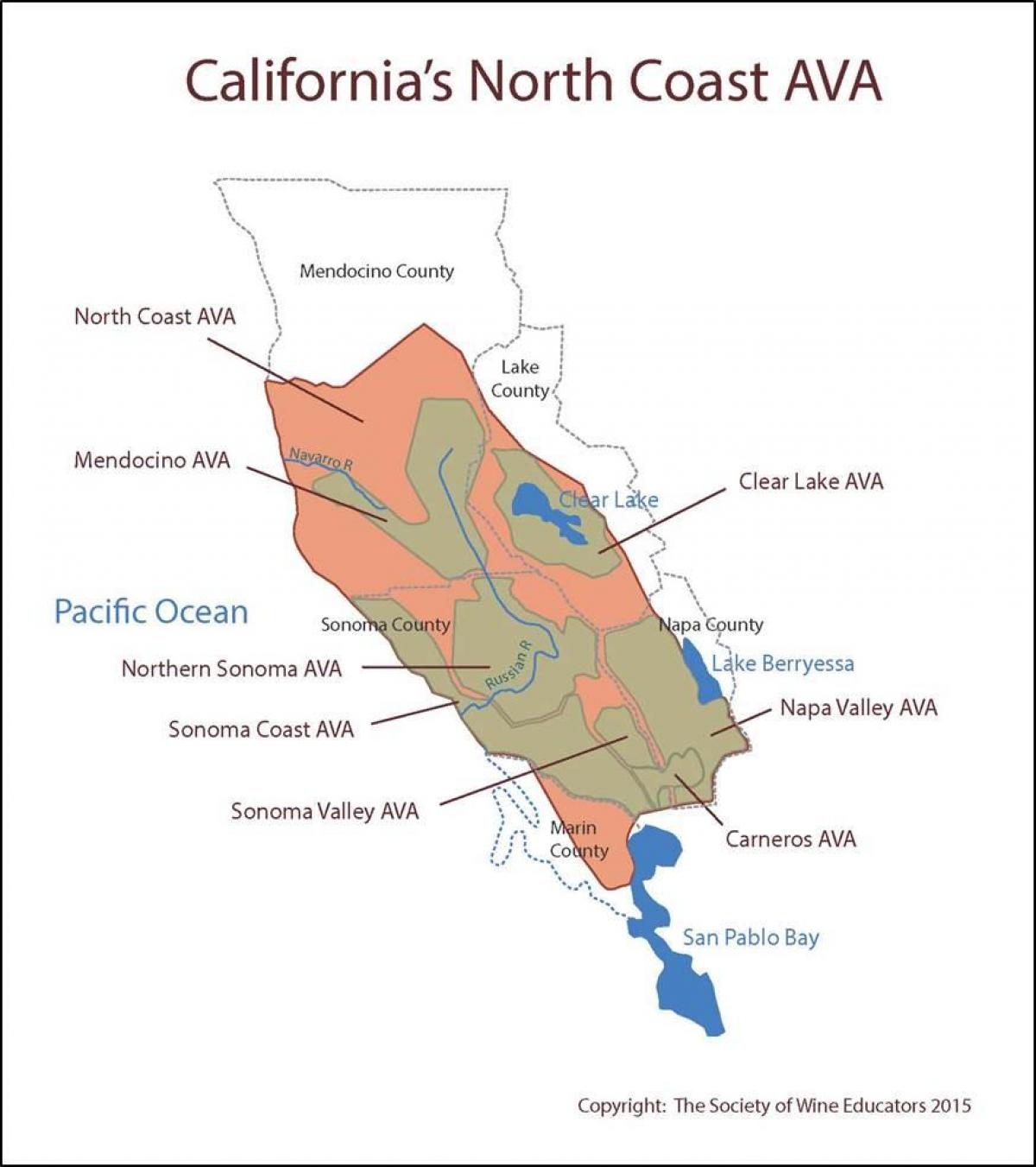 नक्शा कैलिफोर्निया के तट के उत्तर में सैन फ्रांसिस्को