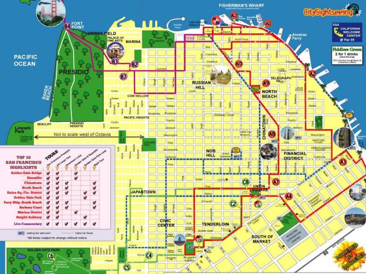 मानचित्र के शहर दर्शनीय स्थलों की यात्रा के सैन फ्रांसिस्को मार्ग