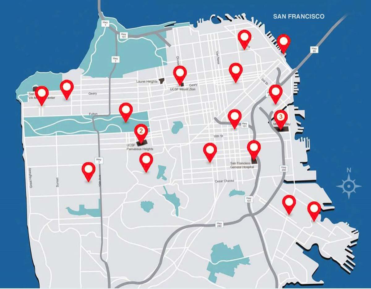 नक्शे के साथ सैन फ्रांसिस्को अस्पतालों