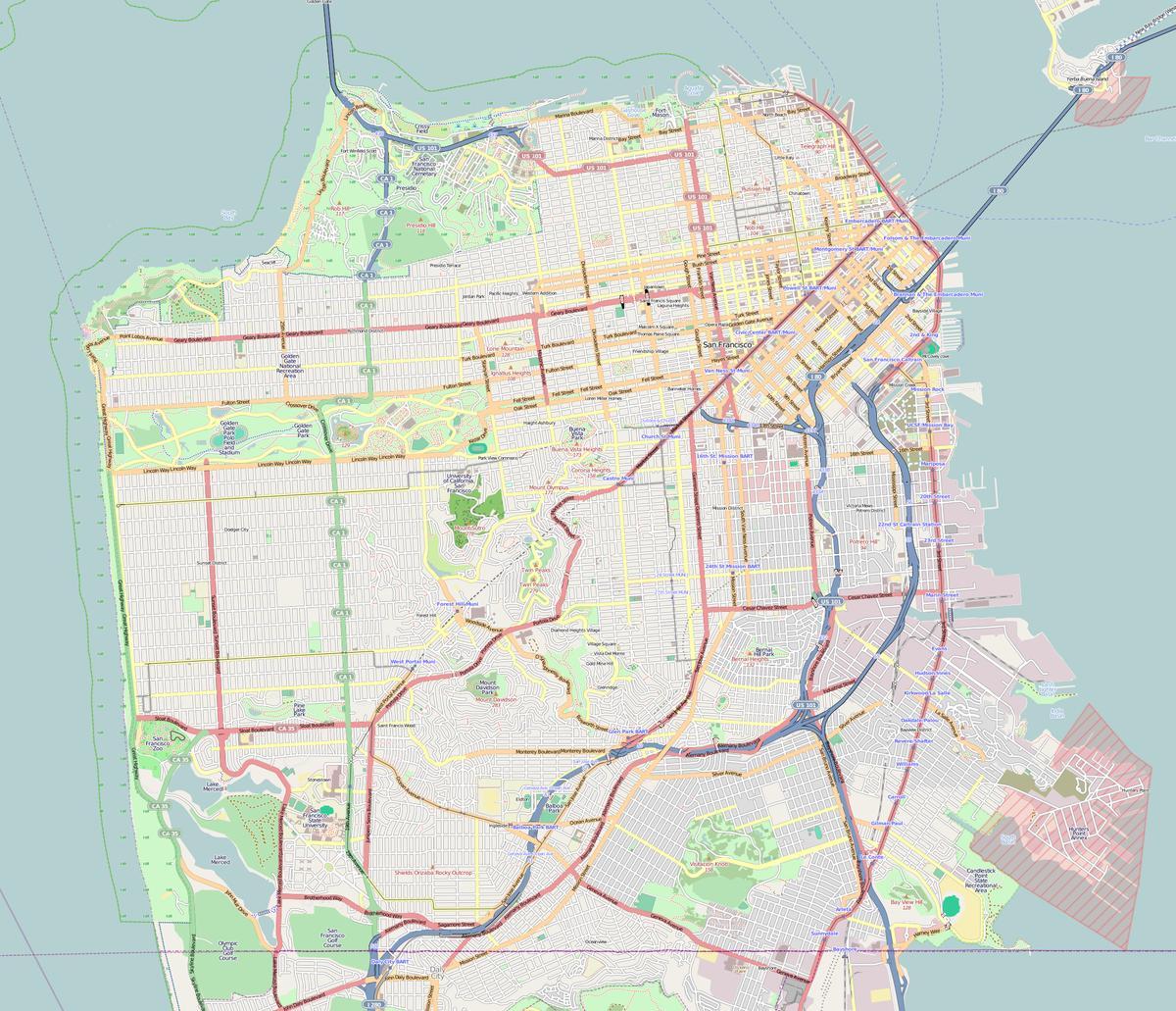 नक्शे के साथ सैन फ्रांसिस्को की रूपरेखा