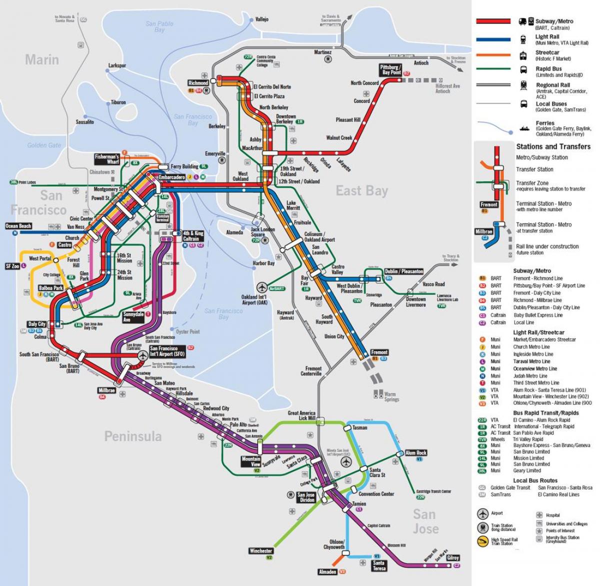 नक्शा सार्वजनिक परिवहन सैन फ्रांसिस्को