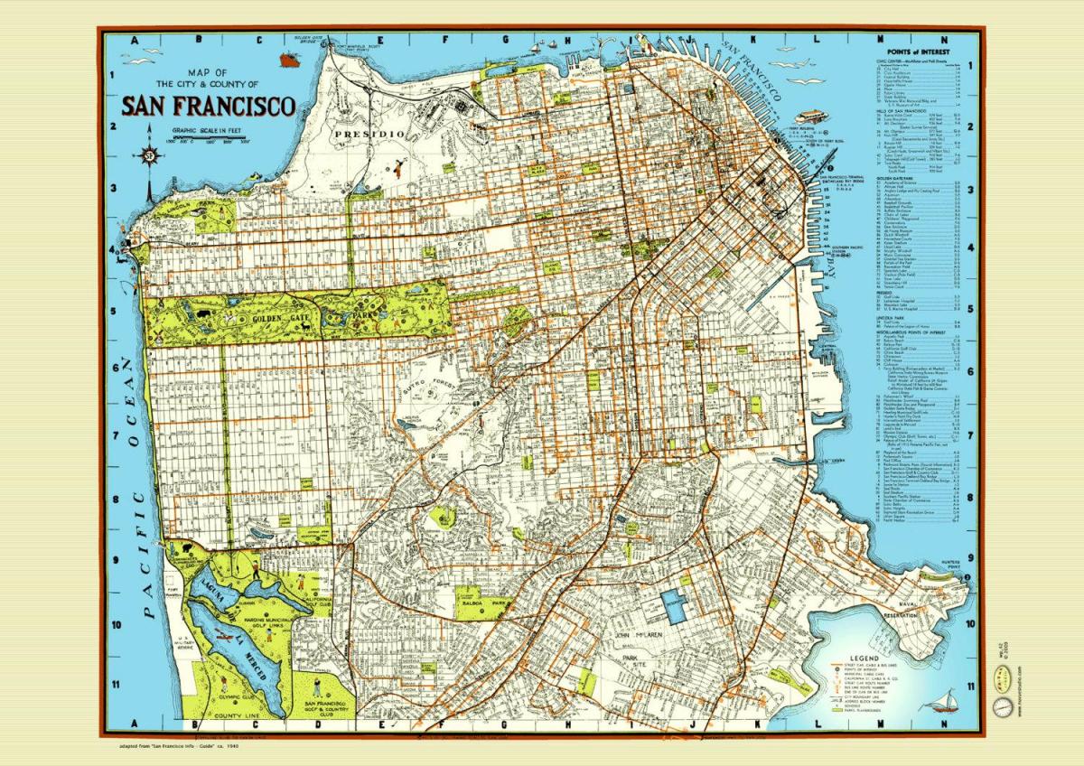 नक्शे के साथ सैन फ्रांसिस्को स्ट्रीट पोस्टर