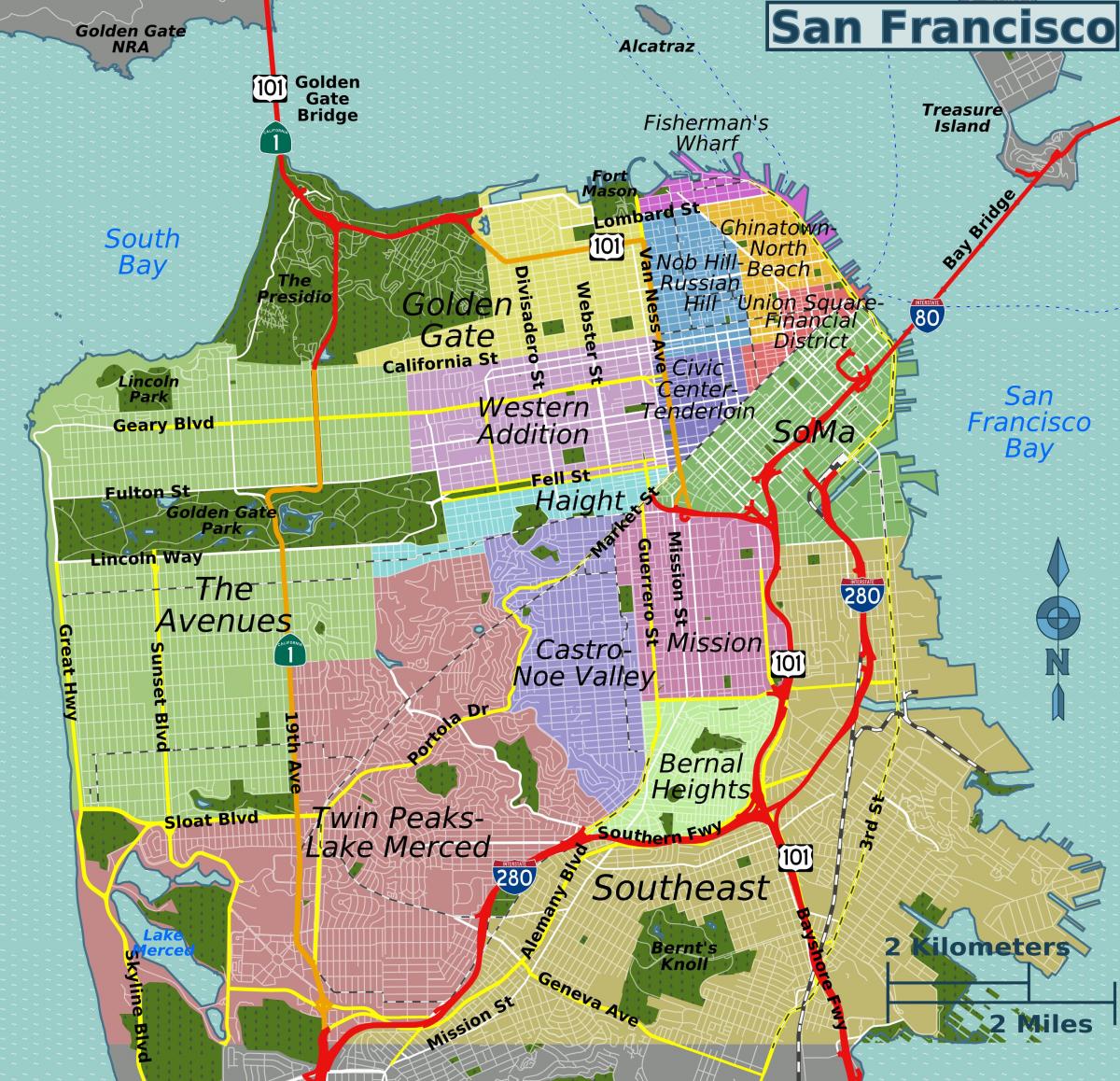 सड़क के नक्शे के साथ सैन फ्रांसिस्को, कैलिफोर्निया