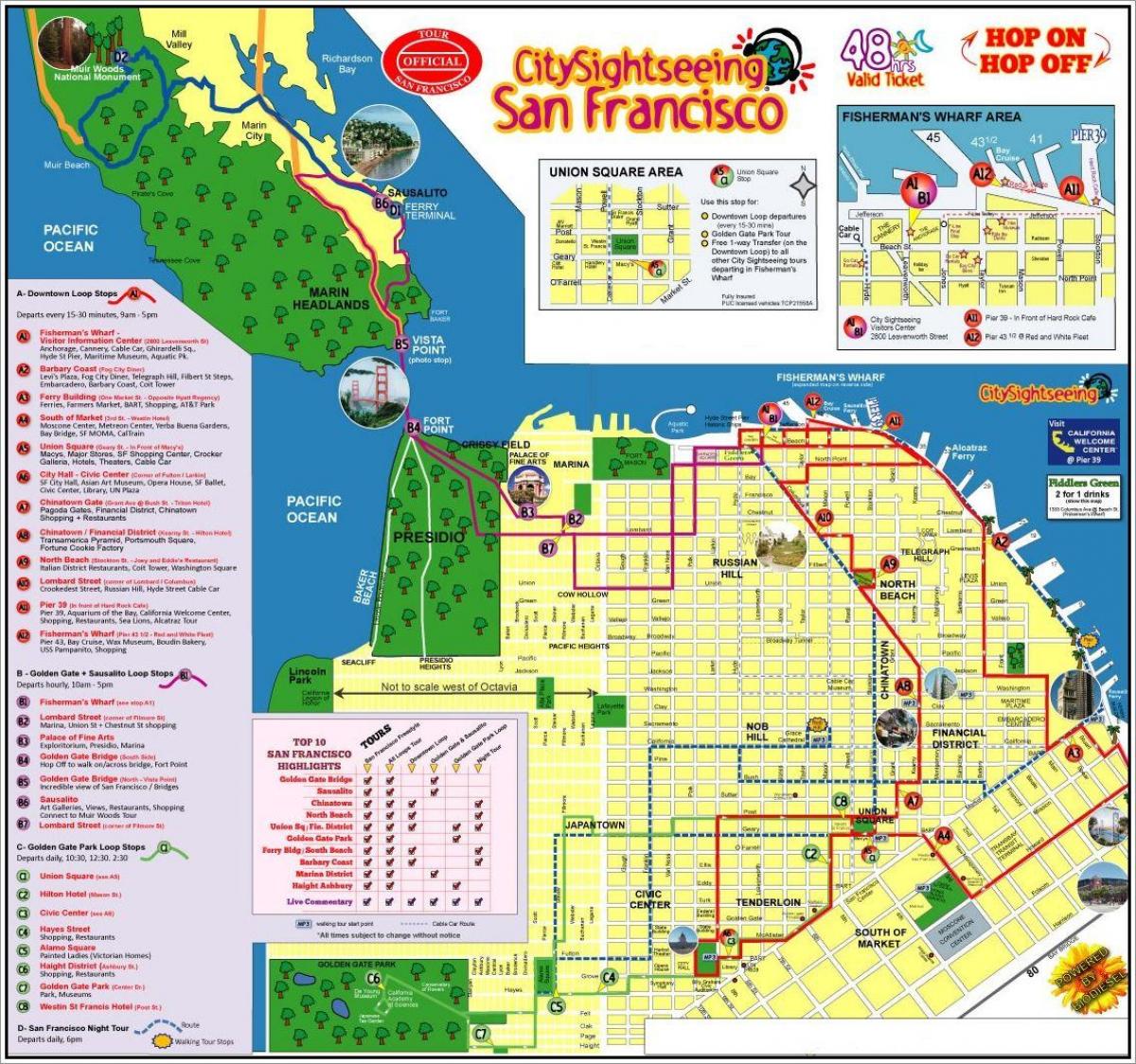सैन फ्रांसिस्को हॉप पर हॉप ऑफ बस यात्रा नक्शा